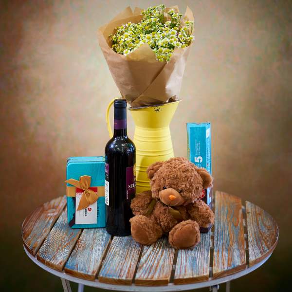 Heartwarming Gift Set with Flowers Chocolate and Wine