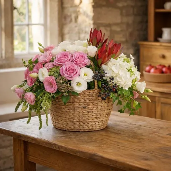 סידור פרחים מרהיב בסלסלה