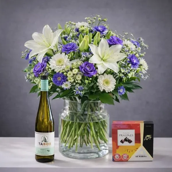 Purple white bouquet with chocolate and wine