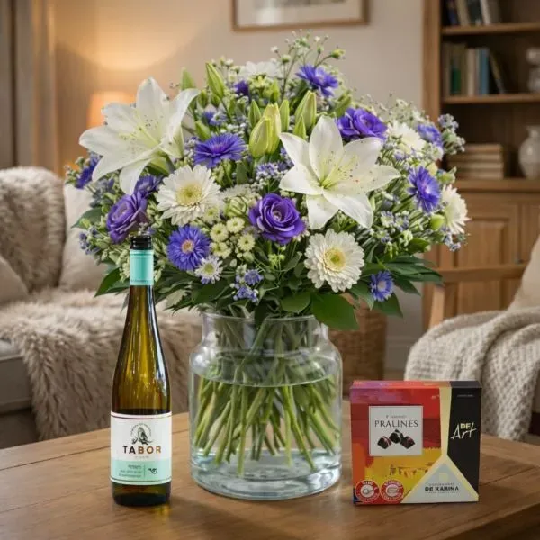Purple white bouquet with chocolate and wine