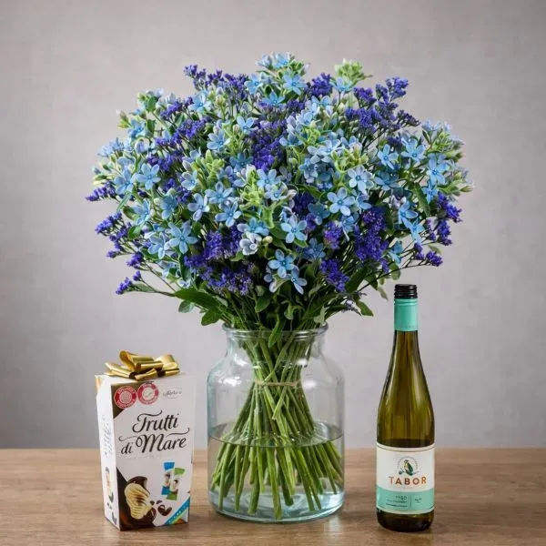 Gift Set Flowers White Wine and Chocolates