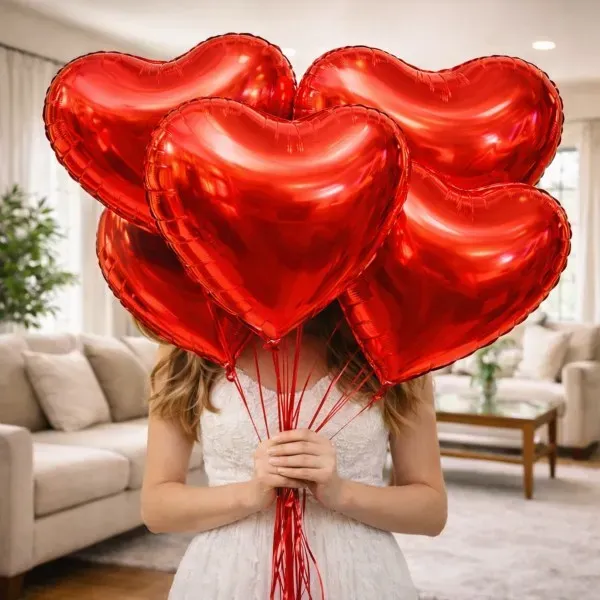 A bouquet of red heart balloons
