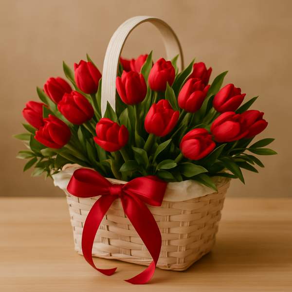 Red tulips in a basket