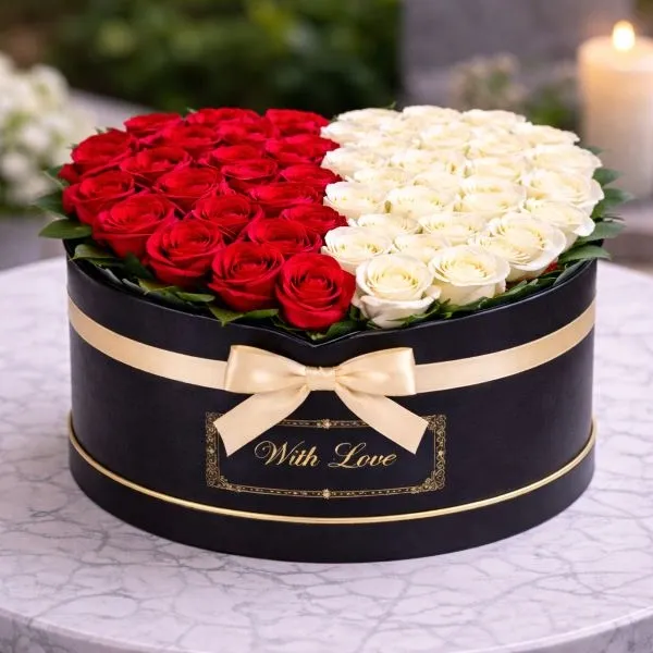 סידור ורדים לב אדום לבן